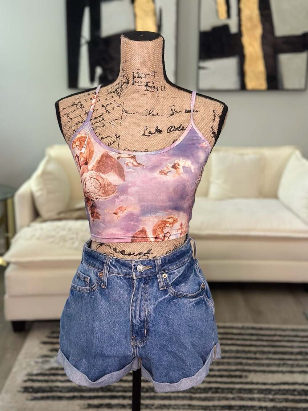 Renaissance Angel Print Crop Tank Top